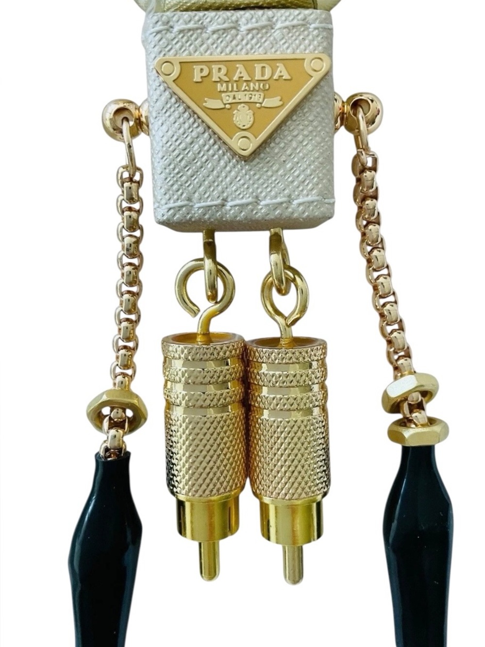 Prada Robot Keychain Charm Saffiano Leather Gold Black Bag Charm NEW - Picture 3 of 9